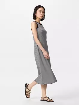 Платье с чашечками в рубчик полосатое, короткое Uniqlo, черный