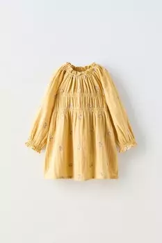 Платье с цветочной вышитой и эластичными деталями ZARA, охра