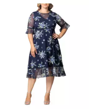 Платье с цветочной вышивкой Wildflower из сетки больших размеров Kiyonna, синий