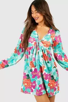 Платье с цветочной завязкой и бюстом Boohoo, зеленый