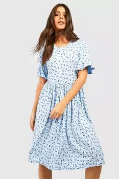 Платье с цветочным платьем Boohoo, синий