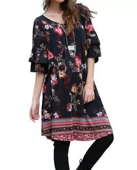 Платье с цветочным принтом и двойными оборками на рукавах черного цвета Angie