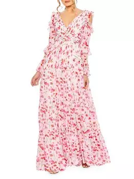 Платье с цветочным принтом и оборками на рукавах Mac Duggal, белый