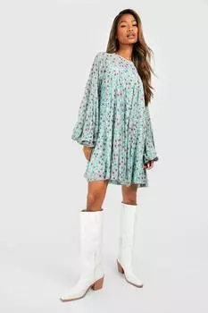 Платье с цветочным принтом и плиссами Boohoo, синий