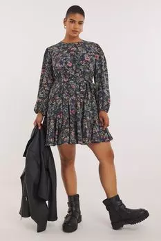 Платье с цветочным принтом и поясом Simply Be, синий