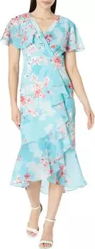 Платье с цветочным принтом и развевающимися рукавами, каскадом и оборками по краю Adrianna Papell, цвет Aqua Multi