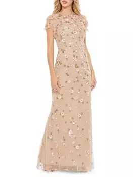 Платье с цветочным принтом и развевающимися рукавами Mac Duggal, цвет Nude Multi