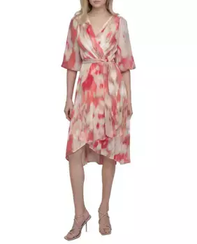 Платье с цветочным принтом и рукавами три четверти DKNY, коралловый