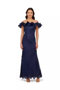 Платье с цветочным принтом и рюшами Adrianna Papell, темно-синий