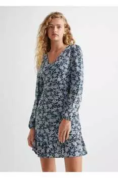 Платье с цветочным принтом и сборками Mango, темно-синий