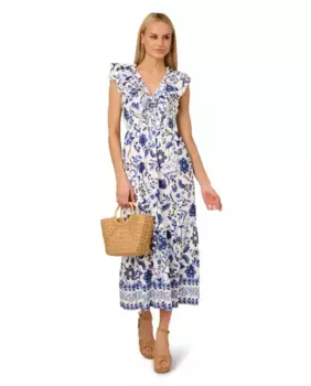 Платье с цветочным принтом и V-образным вырезом Adrianna Papell, белый