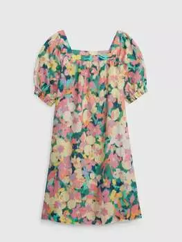 Платье с цветочным принтом из льна и хлопка Gap, цвет pink/green