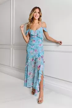 Платье с цветочным принтом, оборками и открытыми плечами Sistaglam, синий