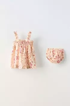 Платье с цветочным рисунком и эластичной деталью ZARA, цвет raspberry
