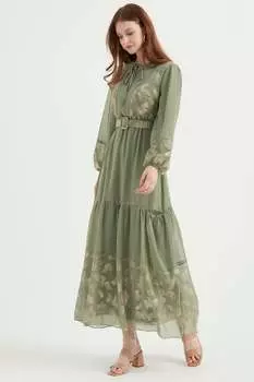 Платье с детальным узором и поясом Herita, зеленый