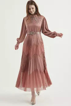 Платье с детальным узором и поясом Bonema, бежевый