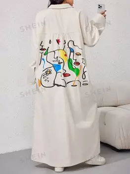 Платье с Длинной талией Mulvari Абстрактный рисунок лица, большой размер, весна, осень Shein, абрикосовый