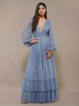 Платье с длинным рукавом из тюля madison Lace & Beads, светло-синий