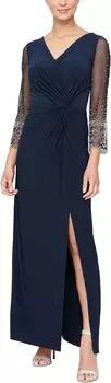 Платье с длинным вырезом и украшенными иллюзорными рукавами, узел спереди Alex Evenings, темно-синий