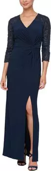 Платье с длинным вырезом и узлом спереди, вышитые рукава-иллюзии Alex Evenings, темно-синий