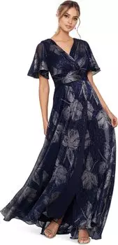 Платье с длинными развевающимися рукавами и принтом из фольги Betsy & Adam, цвет Navy/Gunmetal