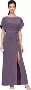 Платье с длинными развевающимися рукавами, рюшами на талии и разрезом спереди Alex Evenings, цвет Dark Plum