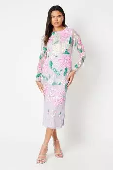 Платье с длинными рукавами и цветочным принтом, украшенное вручную Coast, фиолетовый