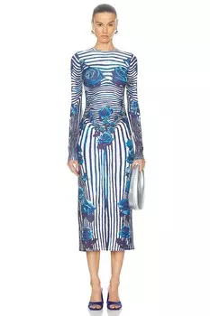 Платье с длинными рукавами и цветочным принтом Jean Paul Gaultier, белый/темно-синий/голубой