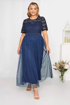 Платье с длинными рукавами и кружевной сеткой в форме сердца Yours Curve, синий