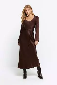Платье с длинными рукавами и поясом River Island, коричневый