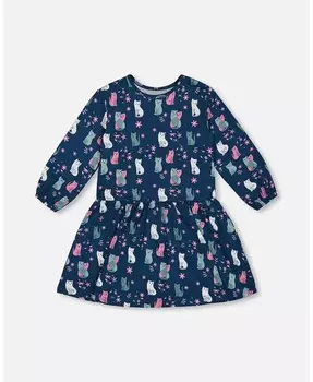 Платье с длинными рукавами и принтом для маленьких девочек, темно-синее, с котенком - для малышей, детей Deux Par Deux, синий