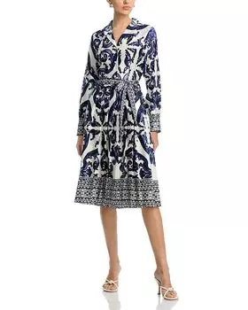 Платье с длинными рукавами, лацканами, завязывающимся поясом и цветочным принтом Gracia, синий