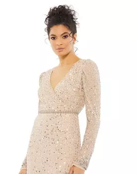 Платье с длинными рукавами, расшитое пайетками и цветочным принтом Mac Duggal, цвет Nude Silver