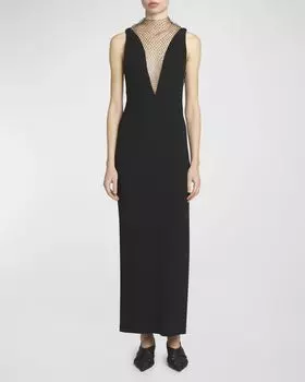 Платье с глубоким V-образным вырезом и сеткой из стразов Stella McCartney, цвет Black