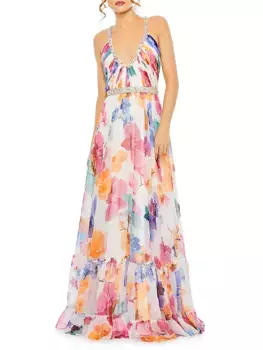 Платье с глубоким вырезом и цветочным принтом Mac Duggal, белый