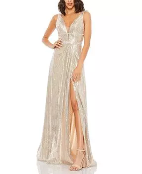 Платье с глубоким вырезом, расшитое металлическими блестками Mac Duggal, коричневый/бежевый