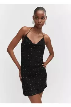 Платье с глубоким вырезом Stras Drape Mango, черный