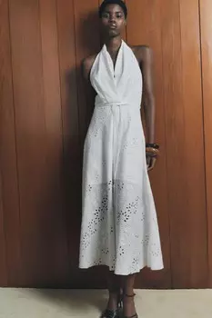 Платье с халтером с вышивкой ZARA, экрю