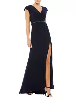 Платье с искусственным запахом и украшением на талии Mac Duggal, темно-синий