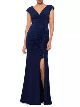 Платье с каскадным разрезом и сборками Xscape, темно-синий