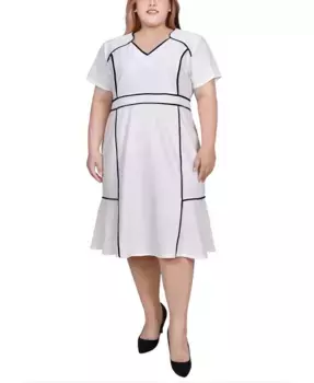 Платье с коротким рукавом и контрастной окантовкой Plus Size NY Collection, белый