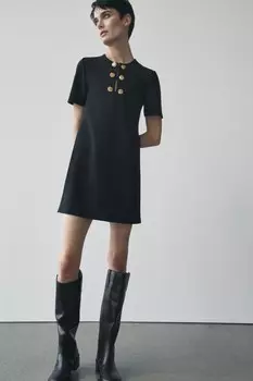 Платье с коротким рукавом и пуговицами ZARA, черный