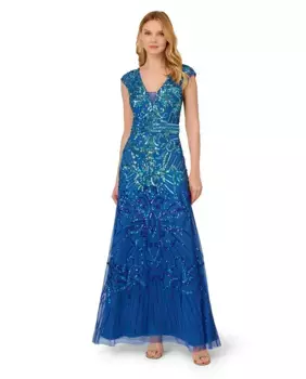 Платье с короткими рукавами и бисером Adrianna Papell, синий