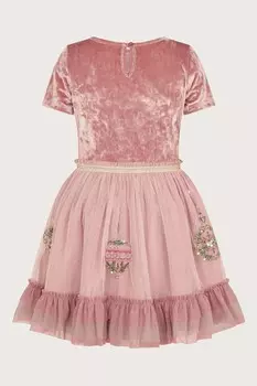 Платье с короткими рукавами из бархата и рождественскими безделушками Monsoon, розовый