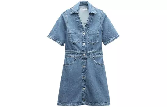 Платье с короткими рукавами женское средне-синее Zara