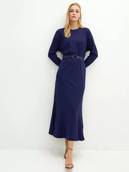 Платье с круглым вырезом и поясом с длинным рукавом A Cut Ponte Fabric Women's Dress LCWAIKIKI Classic