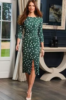 Платье с круглым вырезом расклешенными рукавами и декоративным узлом по бокам Sosandar, зеленый