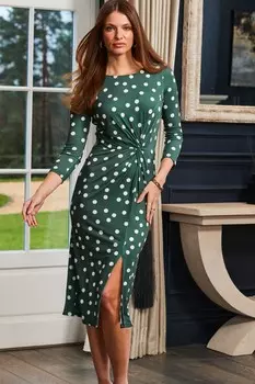 Платье с круглым вырезом зауженными рукавами и декоративным узлом сбоку Sosandar, зеленый