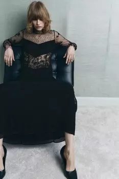 Платье с кружевом и бусинами ZARA, черный