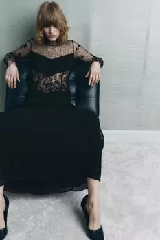 Платье с кружевом и бусинами ZARA, черный